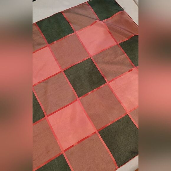 Vintage Checkered Square Scarf Pink & Grey Ribbon Rolled Hem - Picture 7 of 11